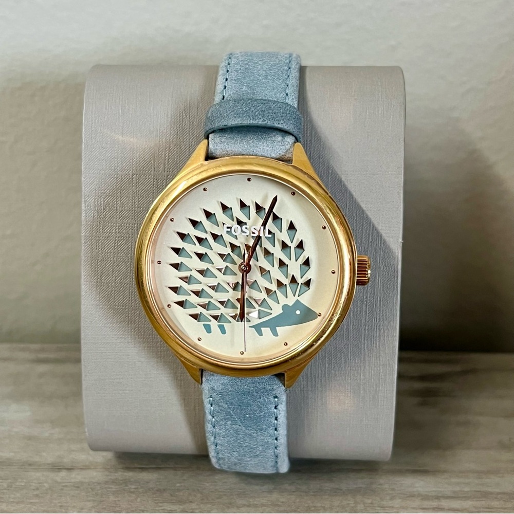 Fossil Women’s Porcupine Blue Gold Leather Watch Three Hand EUC